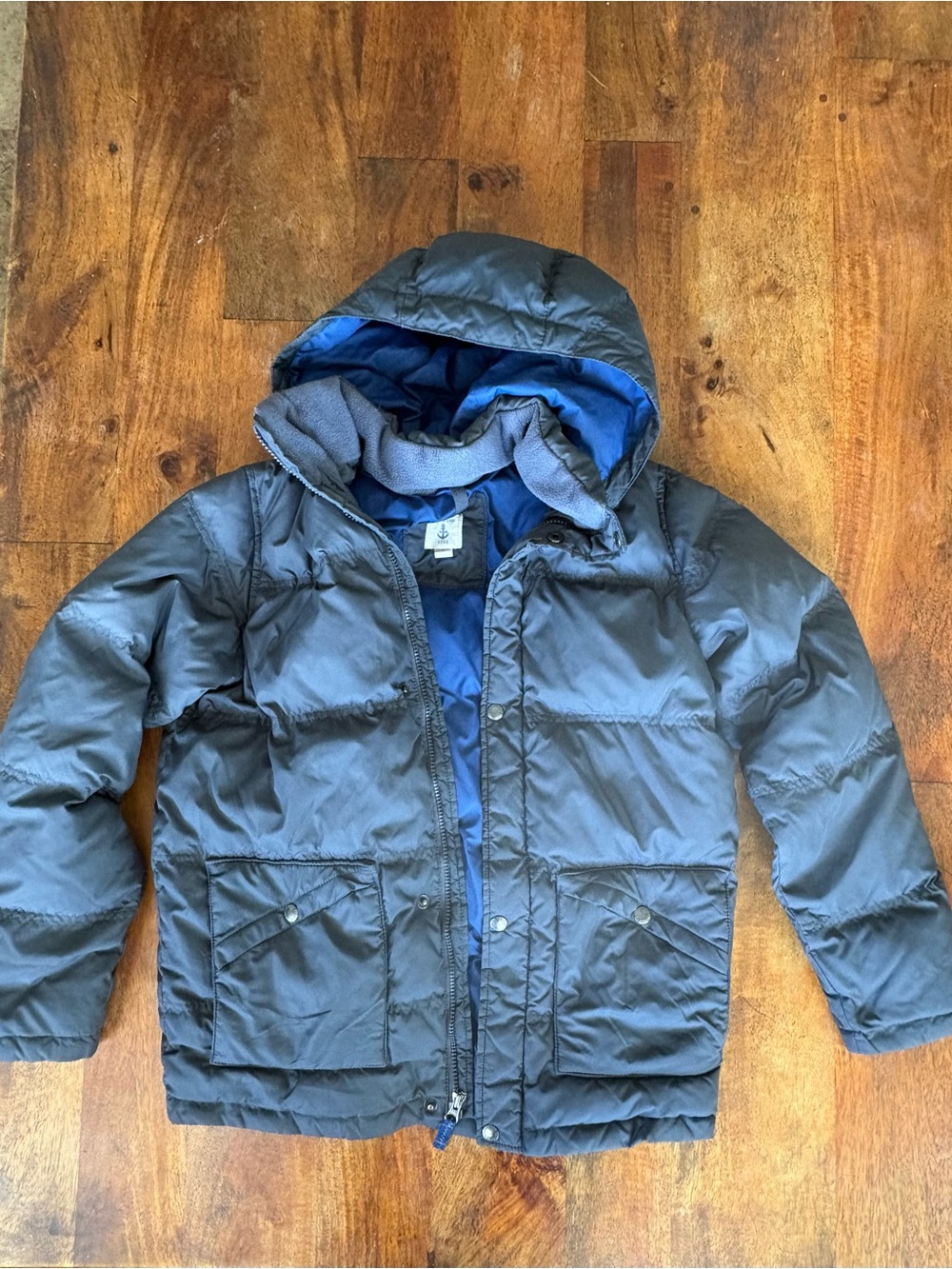 Lands’ End Kids Down Winter Coat Jacket Removable Hood Boys Large 14-16 GrayNavy